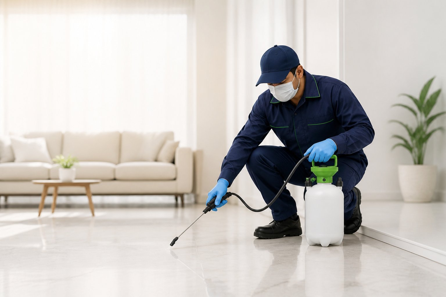 Pest control technician providing treatment in an Aurangabad home
